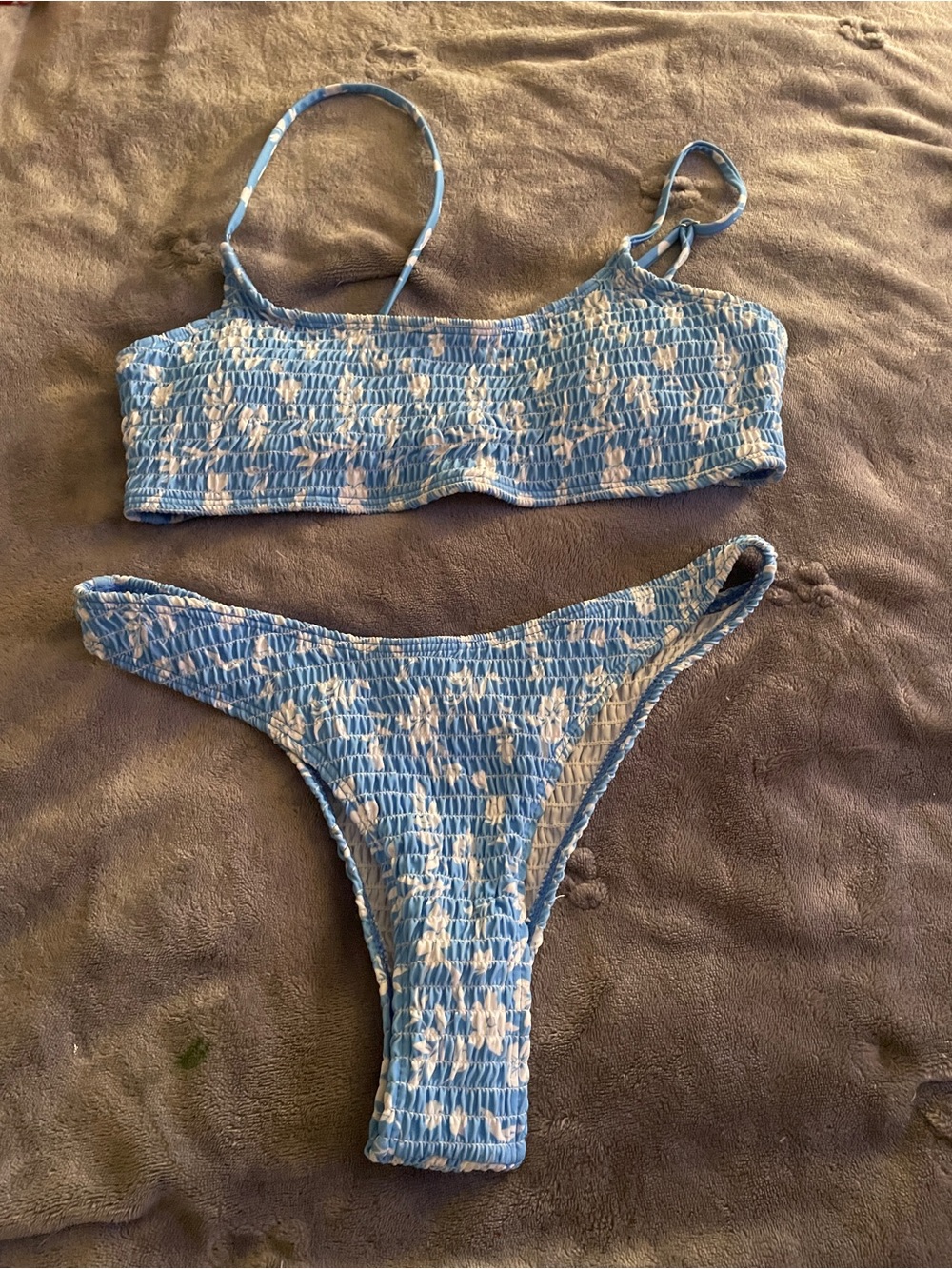 SHEIN Blue and White Floral Smocked Bikini Set